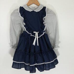Vintage Miss Quality Girl Ruffled Dress Size 6 Polka Dot Lace Circle 80s Bow